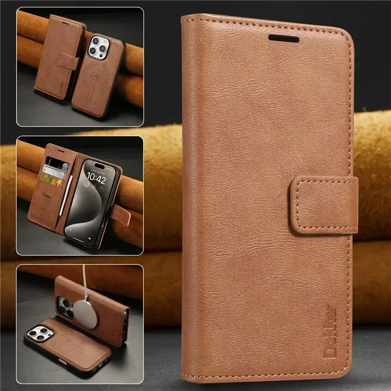 Color: Brown, Material: Wood - 2 in 1 MagSafe Wallet Case for IPhone 16 Promax 15 Plus 14 Pro Max 13 12 Iphone16 Magnetic Wireless Charging Phone Cover