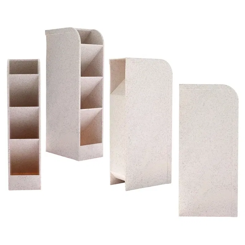 Color: grey - Multi-function 4 Grid Desktop Pen Holder Office School supplies Storage Case eco-friendly wheat straw Desk Pencil Organizer