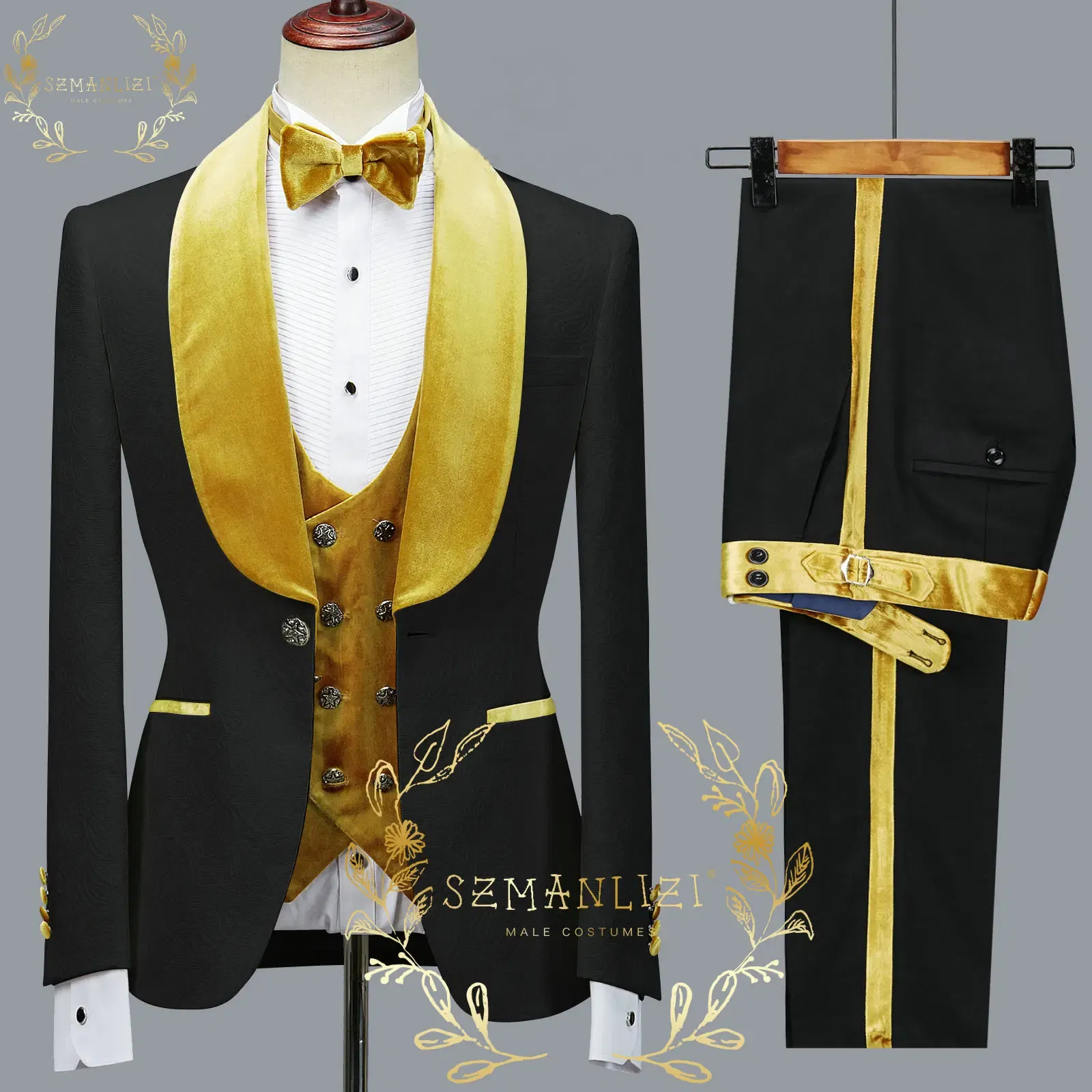 Color: GRAY, Size: XXXL - SZMANLIZI 2022 Latest Designs Black Floral Party Blazer Men Suits Costume Homme Groom Tuxedos Wedding Terno Masculino 3 Pieces