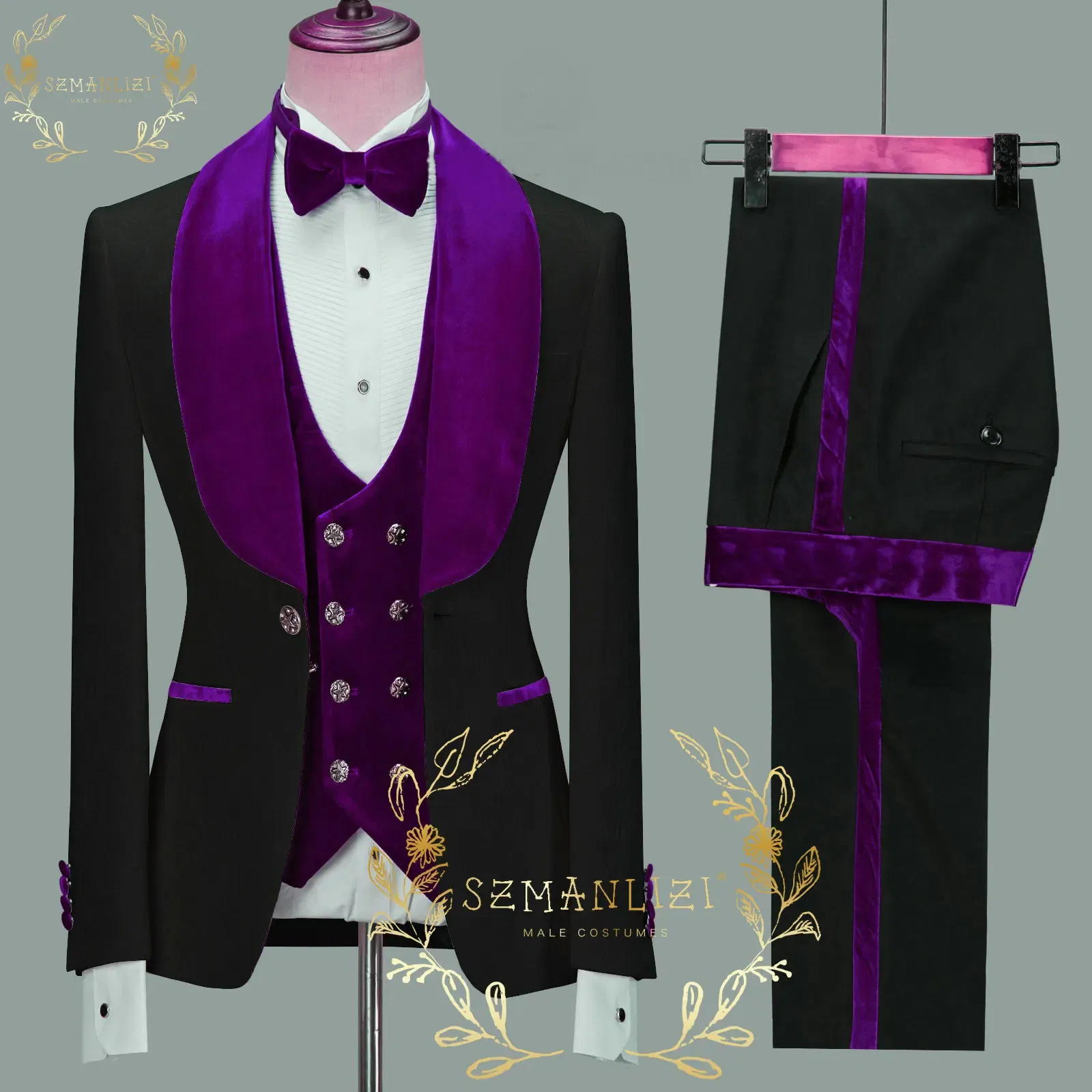 Color: GRAY, Size: XXXL - SZMANLIZI 2022 Latest Designs Black Floral Party Blazer Men Suits Costume Homme Groom Tuxedos Wedding Terno Masculino 3 Pieces