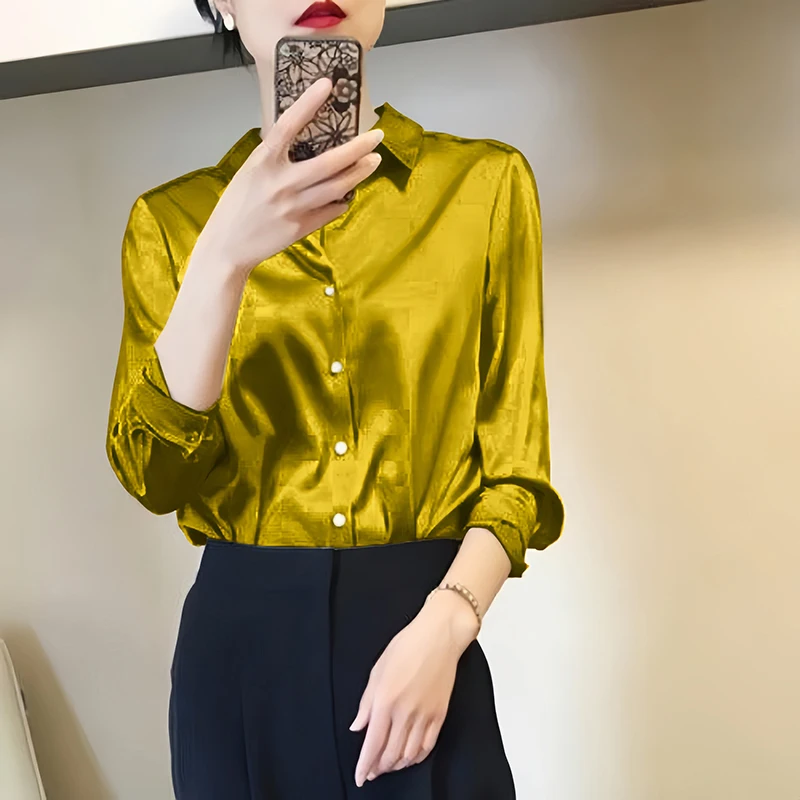 Color: Claret, Size: S - All-match Satin Finish Shirts And Blouses Women Clothing Casual Top OL Long Sleeve Button Elegant Shirts French Solid Blouses