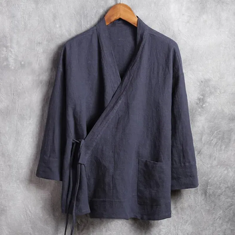Color: Red, Size: M - Plus Size M-6XL Pure Color Men's Tops 2024 New Cotton Linen Oblique Placket Long Sleeve Linen Hanfu chinese Clothing  Kimono