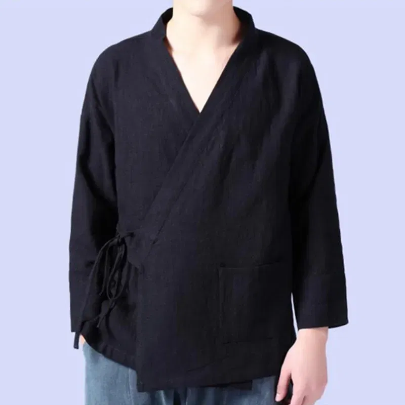 Color: Red, Size: M - Plus Size M-6XL Pure Color Men's Tops 2024 New Cotton Linen Oblique Placket Long Sleeve Linen Hanfu chinese Clothing  Kimono