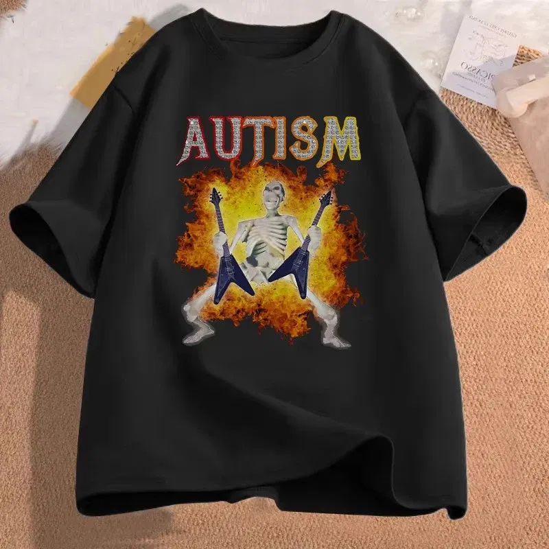 Color: Gold, Size: L - Autistic Funny Skeleton T Shirt Women Men Autism Edgy Skeleton Meme T-shirt Casual Short Sleeve Tshirt Round Neck Clothes