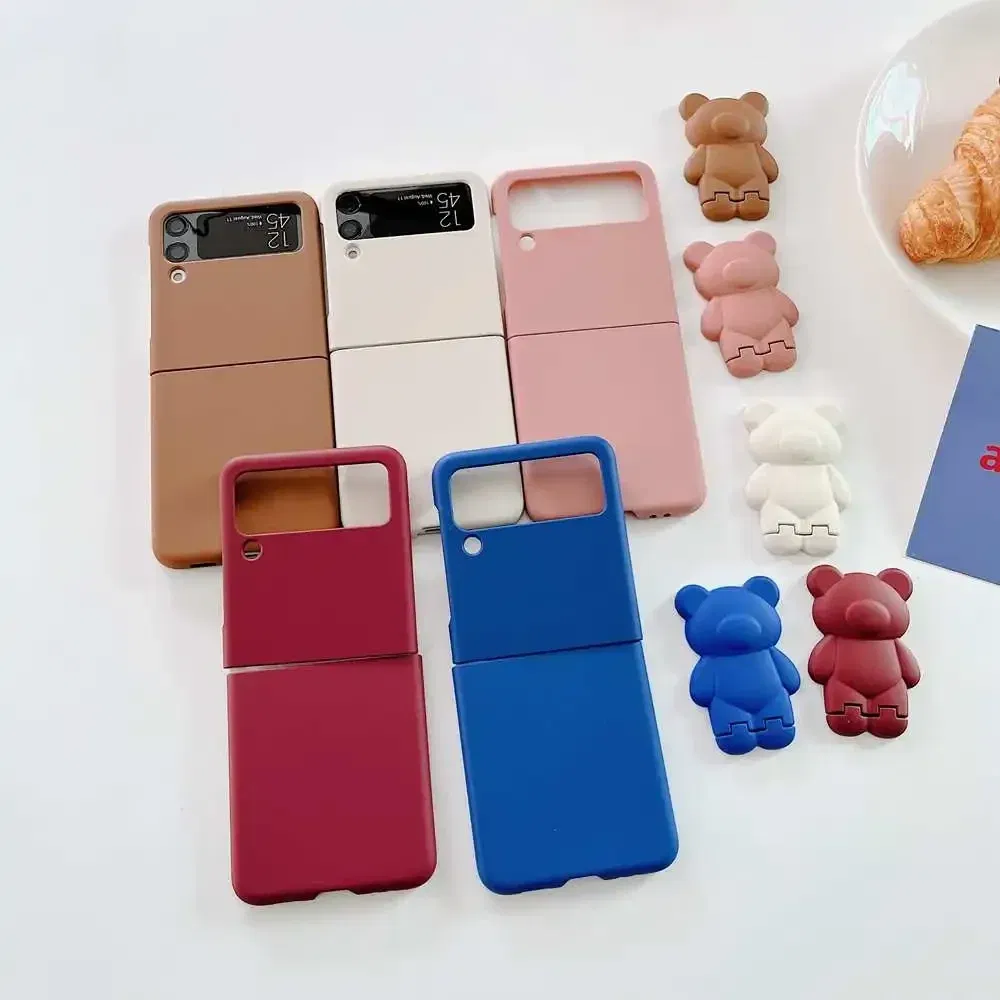 Color: WHITE, Material: Aluminum - 3D Bear Bracket Kickstand Cute Case For Samsung Galaxy Z Flip 5 4 3 Hard Phone Case For Samsung Z Flip 3 4 Flip5 ZFlip4 Cover