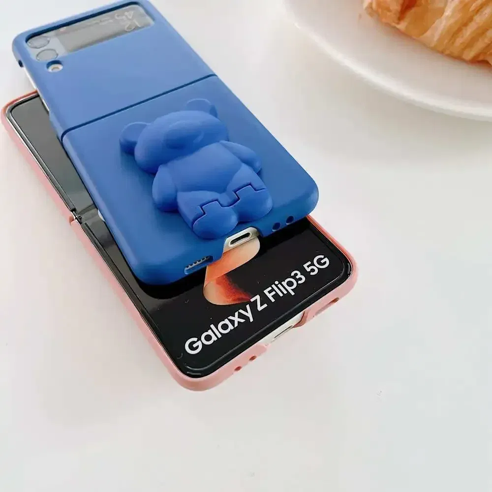 Color: WHITE, Material: Aluminum - 3D Bear Bracket Kickstand Cute Case For Samsung Galaxy Z Flip 5 4 3 Hard Phone Case For Samsung Z Flip 3 4 Flip5 ZFlip4 Cover
