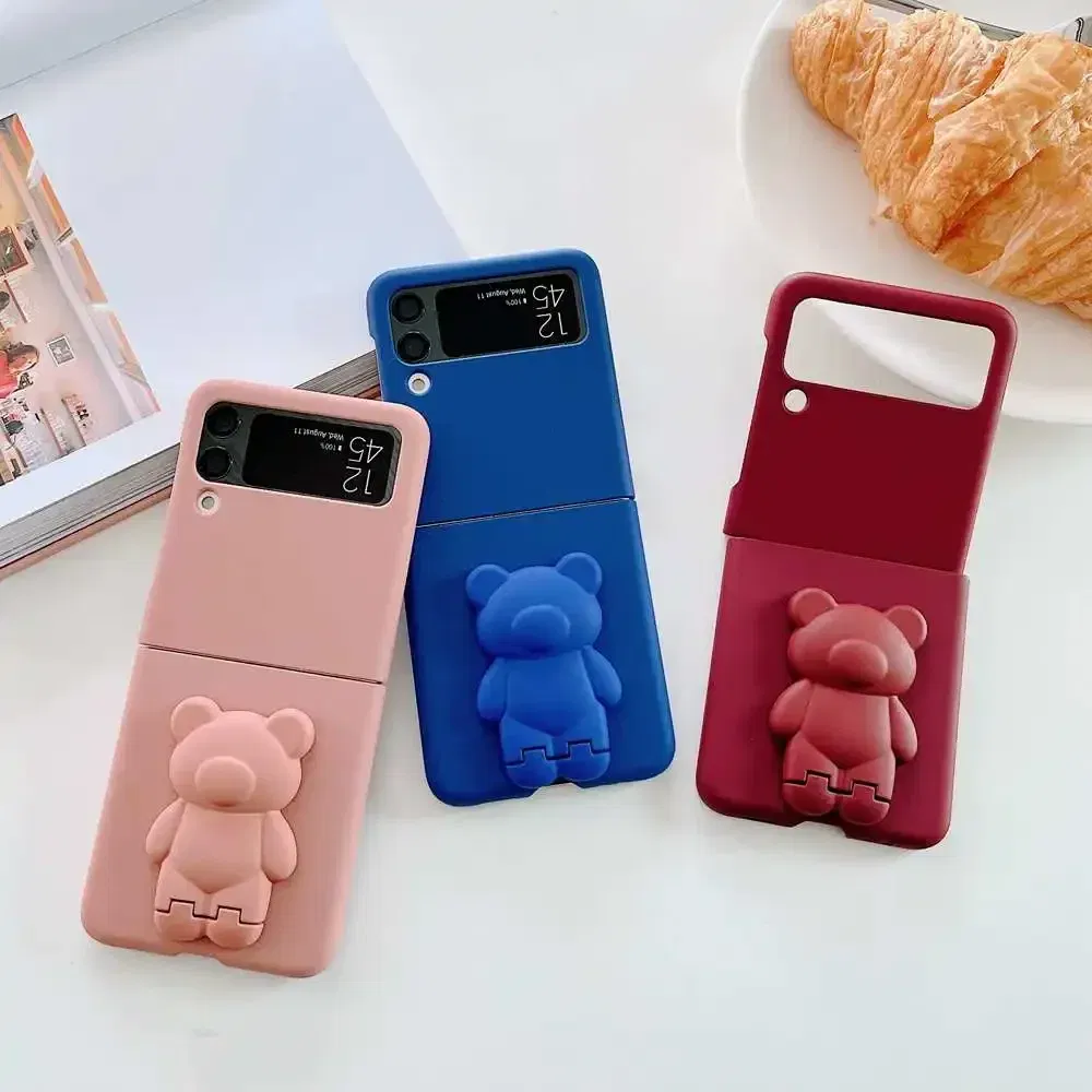 Color: WHITE, Material: Aluminum - 3D Bear Bracket Kickstand Cute Case For Samsung Galaxy Z Flip 5 4 3 Hard Phone Case For Samsung Z Flip 3 4 Flip5 ZFlip4 Cover