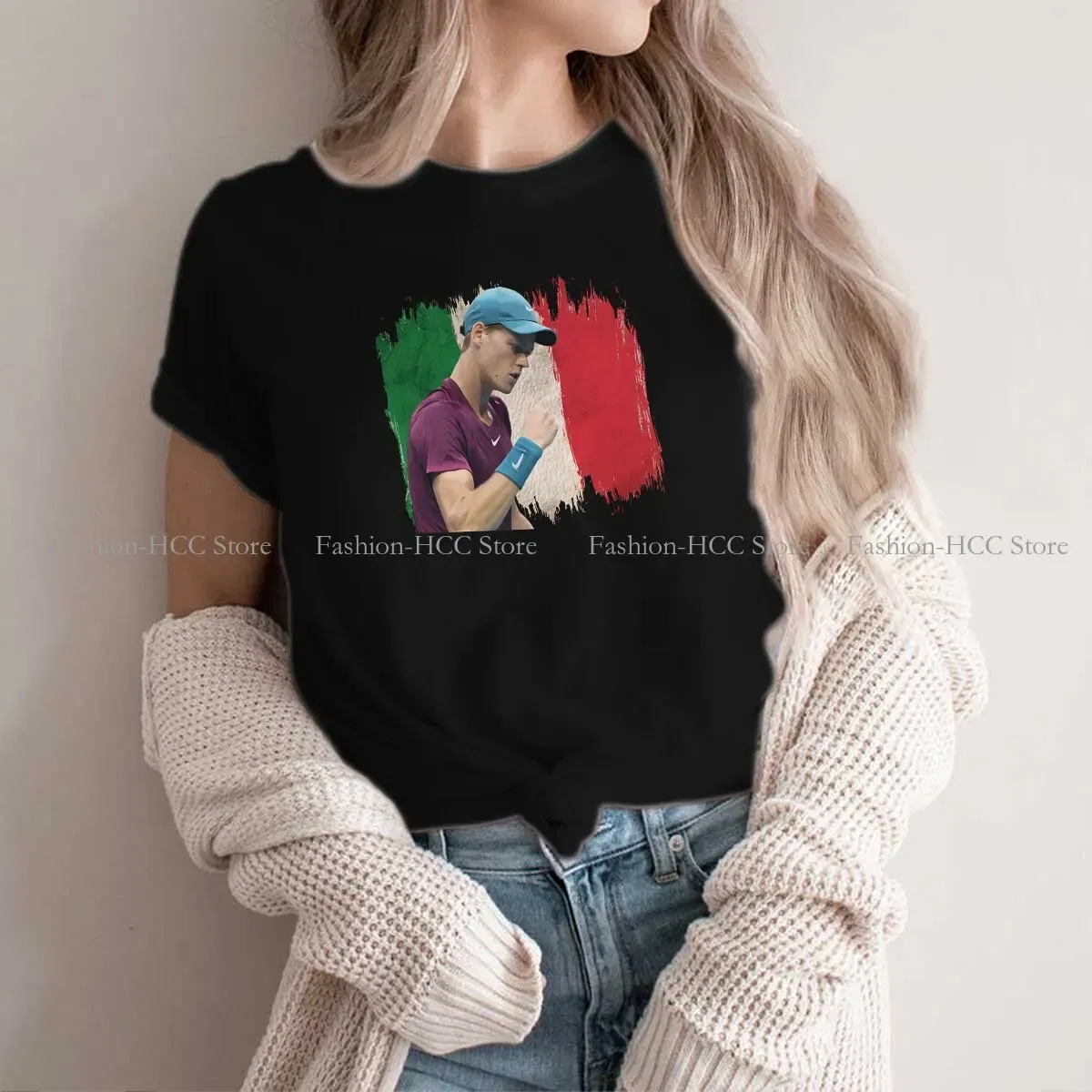 Color: black, Size: XL - Tennis Polyester TShirt for Women Jannik Sinner Basic Casual Tee T Shirt High Quality New Design