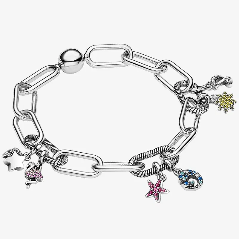 Color: Silver - 2022 New 925 Sterling Silver My Love Starfish Flamingo Pendant Charm Fit Original Pandora Me Bracelet DIY Bead Jewelry For Women