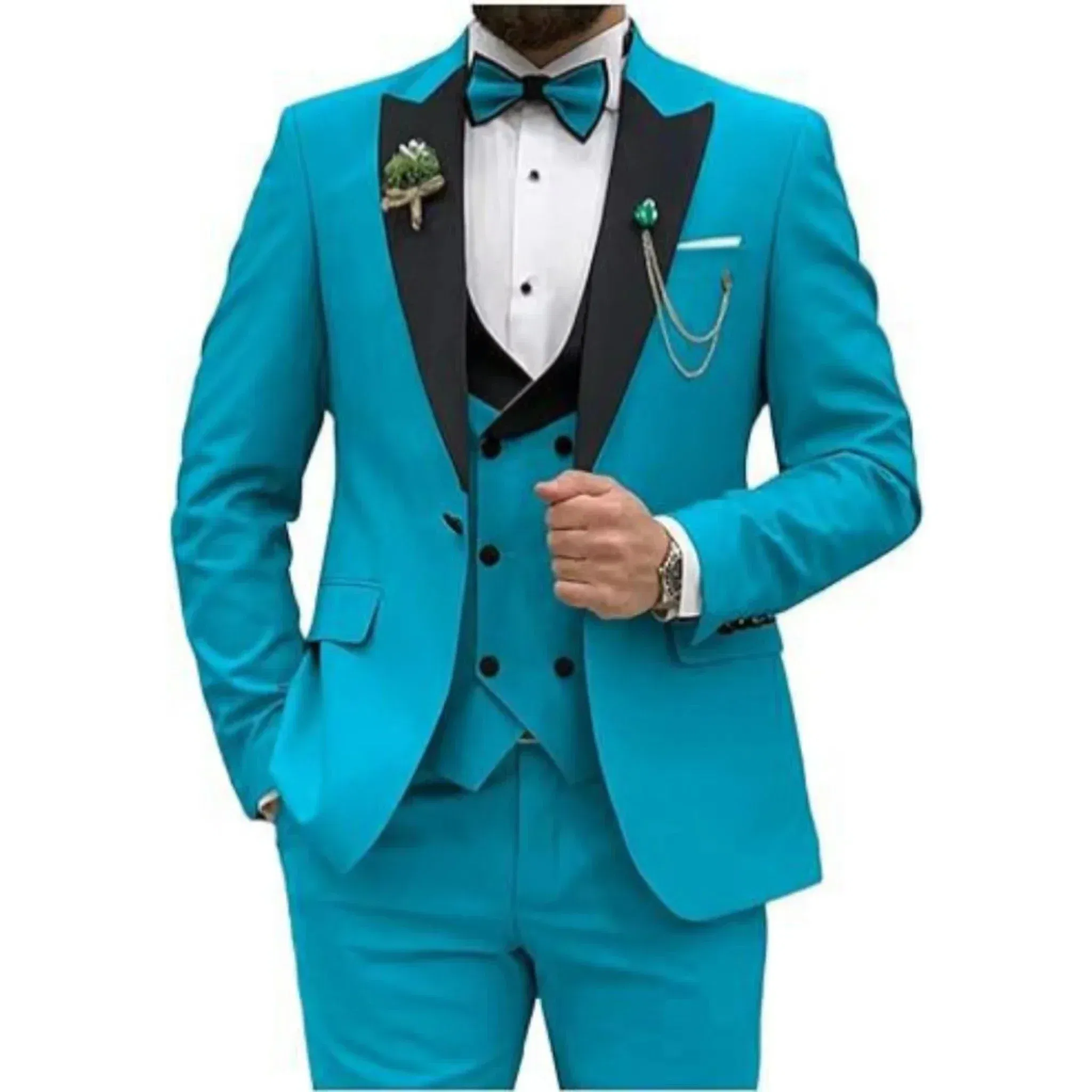 Color: SKY BLUE, Size: XXL - Men Suit Colorful Luxury Blazer Vest And Pant Sets 3 Piece Birthday Dress Business  Prom Evening Party Costumes High Quality