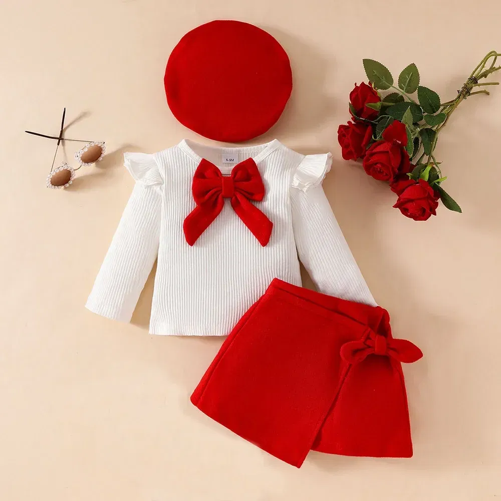 Color: LIGHT BLUE, Kid Size: 18M - Baby Girls Clothes New Year Set 0-3Y Long Sleeve Big Bow Top Irregular Skirt and Beret 3Pcs Toddler Christmas Clothes