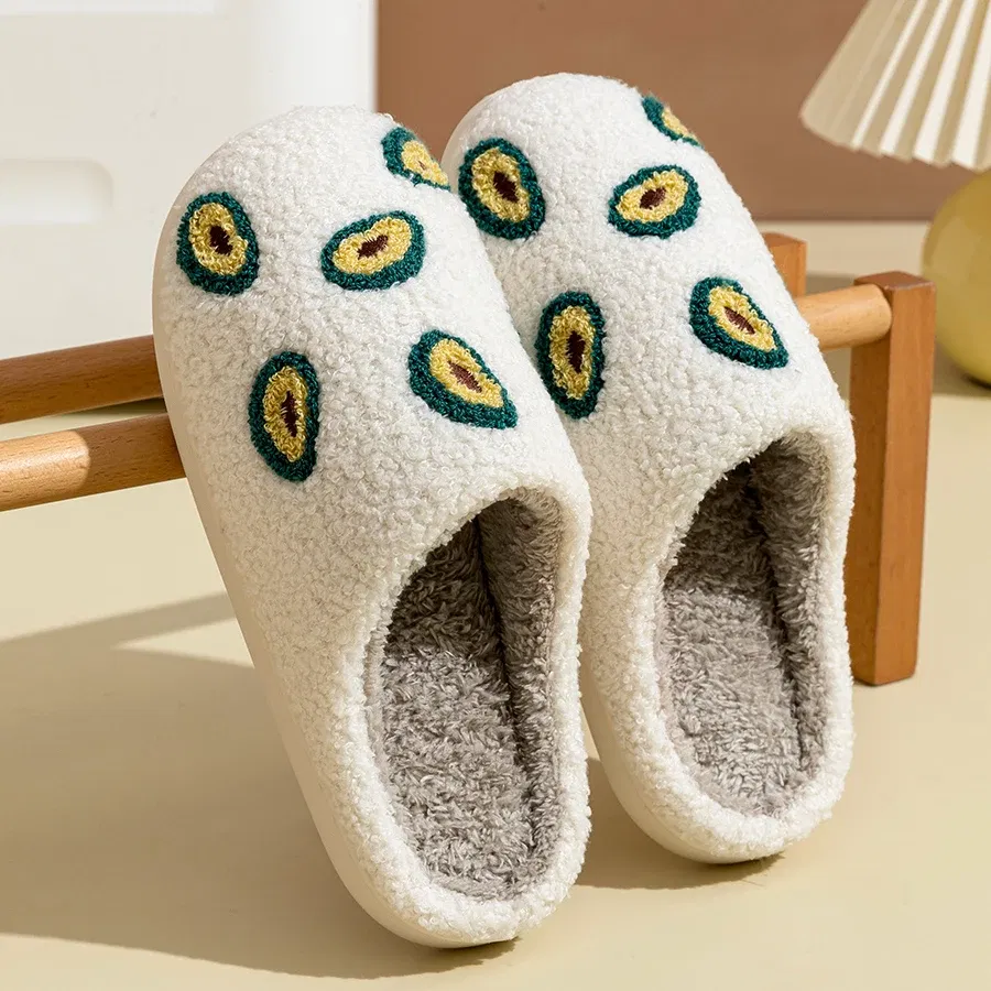Color: Yellow, Shoe Size: 3.5 - Cute Avocado Women Slippers Winter Warm Indoor Fruit Cartoon Funny Soft Non-slip Slipper Cherry Strawberry Comfy Cotton Shoes