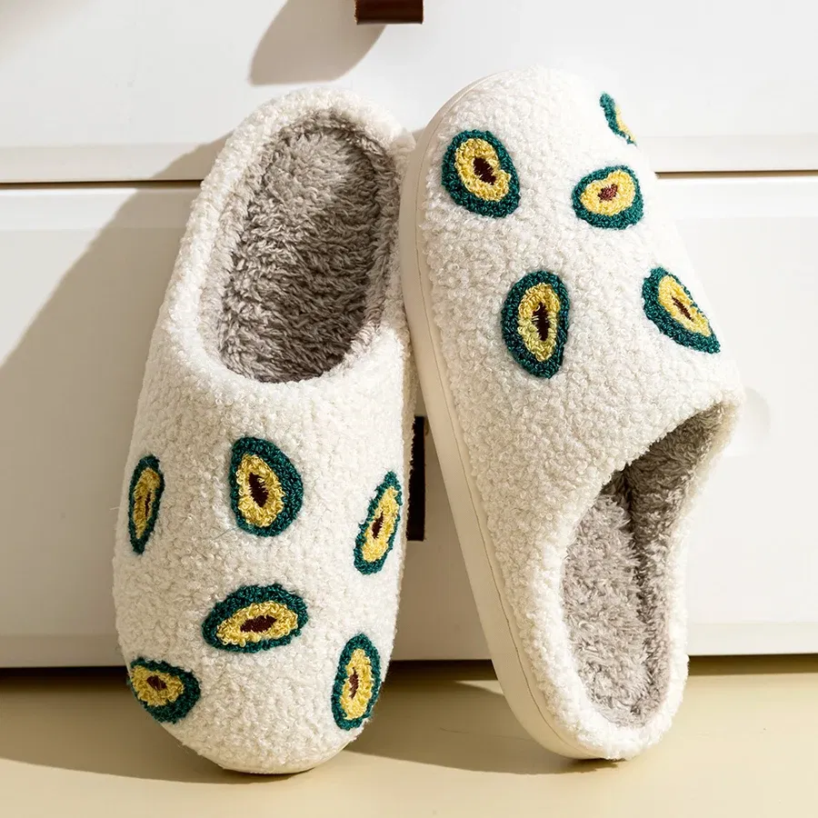 Color: Yellow, Shoe Size: 3.5 - Cute Avocado Women Slippers Winter Warm Indoor Fruit Cartoon Funny Soft Non-slip Slipper Cherry Strawberry Comfy Cotton Shoes