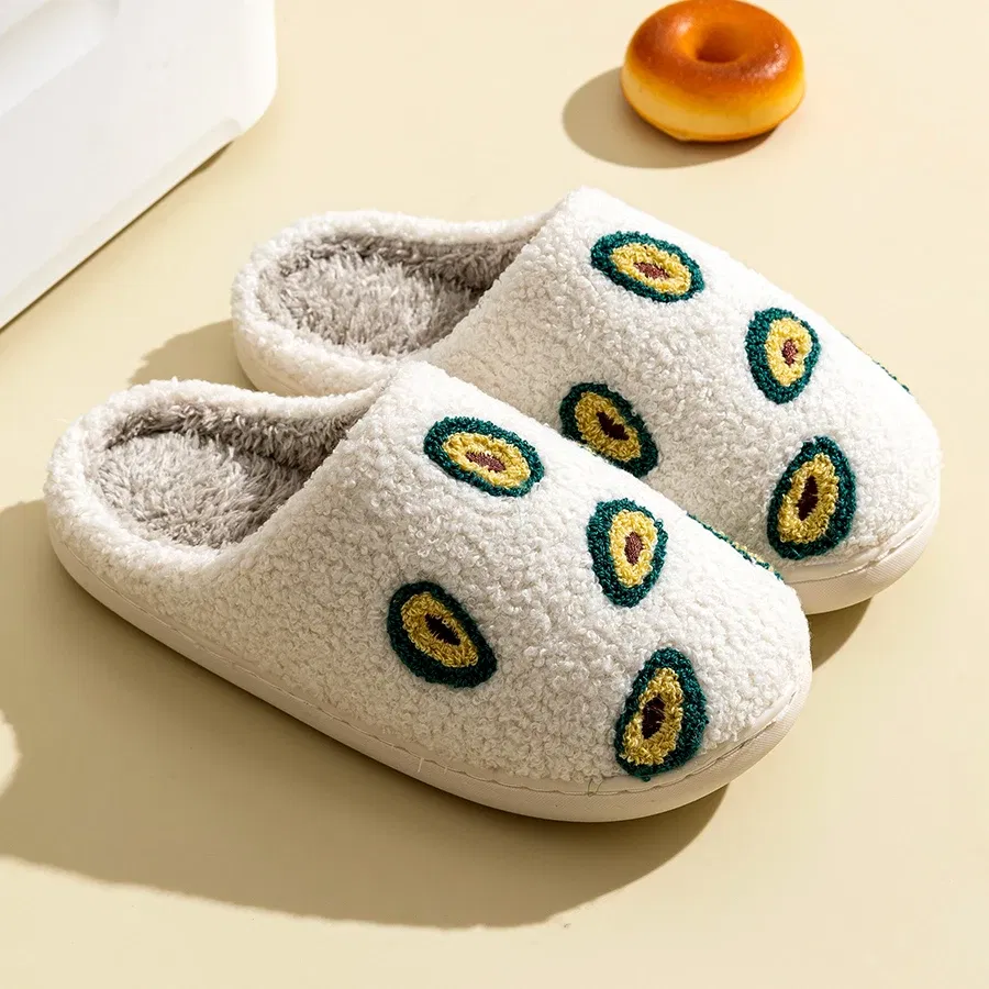 Color: Yellow, Shoe Size: 3.5 - Cute Avocado Women Slippers Winter Warm Indoor Fruit Cartoon Funny Soft Non-slip Slipper Cherry Strawberry Comfy Cotton Shoes