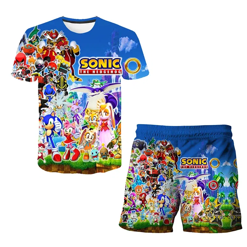 Color: DEEP BLUE, Size: >40cm - New Japanese cartoon Sonic T-shirt children's top T-shirt shorts two-piece set summer boy cartoon cute T-shirt+beach pants