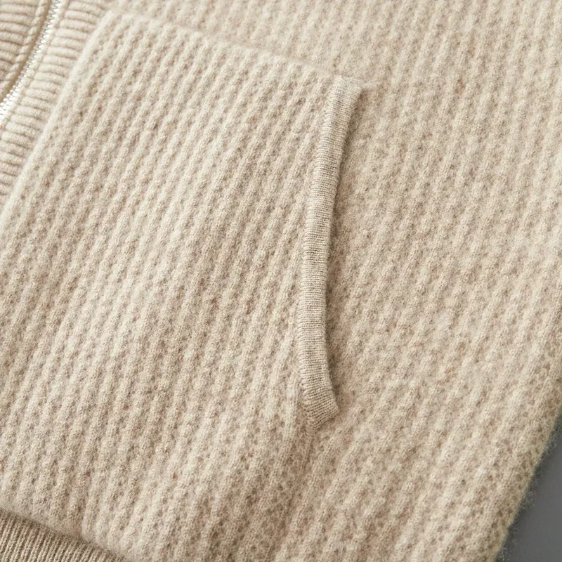 Color: Blue, Size: M, Ships From: CHINA - New Product 100% Merino Wool Knitted Cardigan For Men Hooded Sweater Casual High-end Jacket Men's long Sleeved Wool Sweater Coat