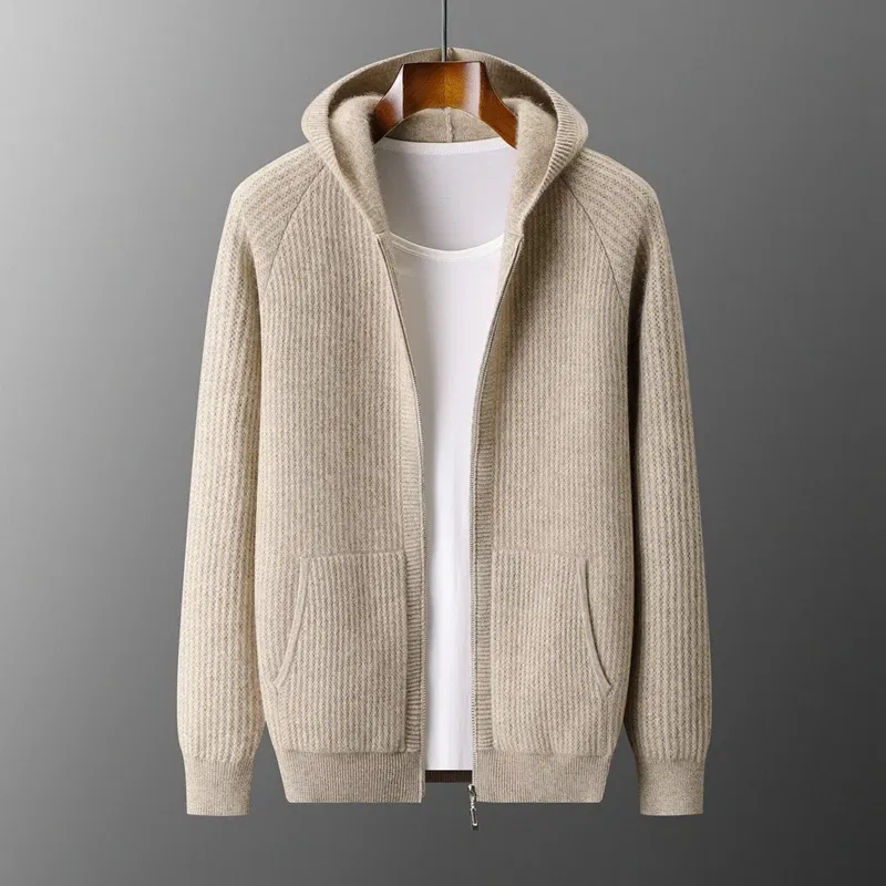 Color: Blue, Size: M, Ships From: CHINA - New Product 100% Merino Wool Knitted Cardigan For Men Hooded Sweater Casual High-end Jacket Men's long Sleeved Wool Sweater Coat