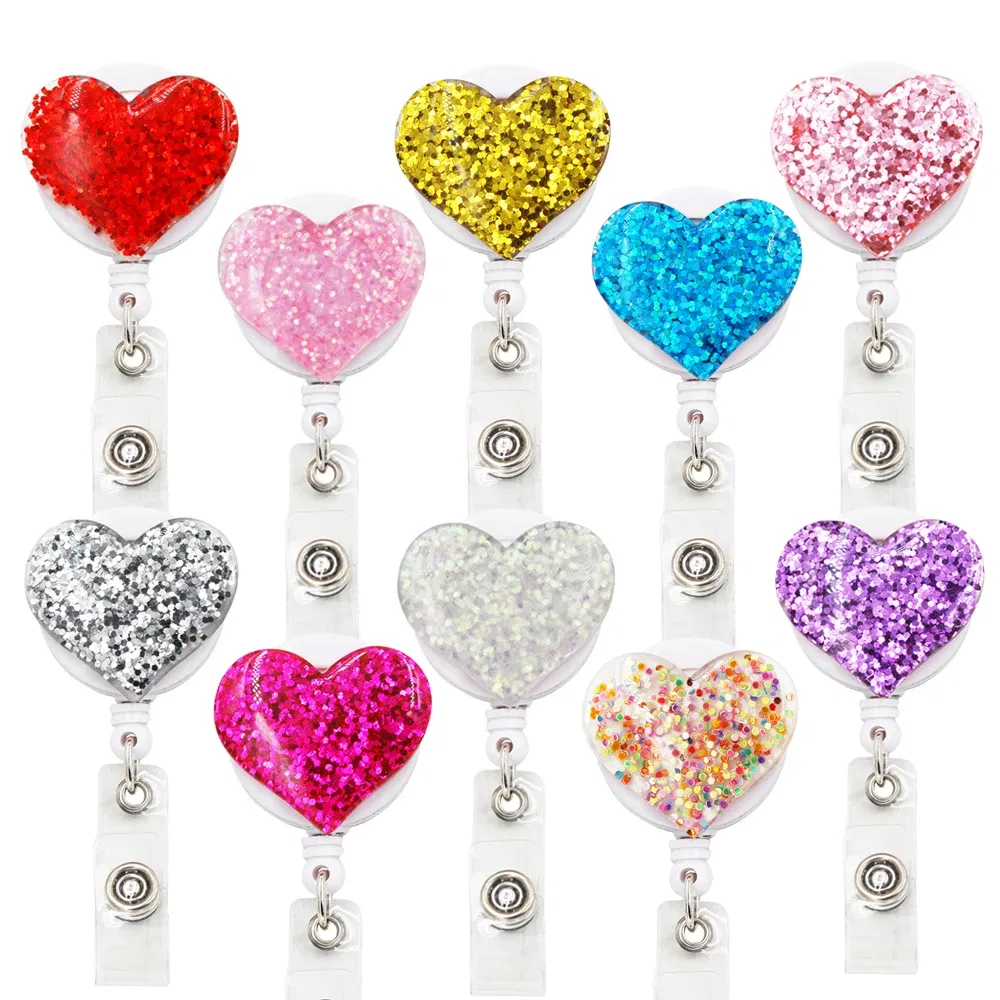 Color: Watermelon Red - idclip 10 Pcs Bling Love Heart Retractable Badge Holder Badge Clips for Nurse ID Badge Reel with Alligator Clip