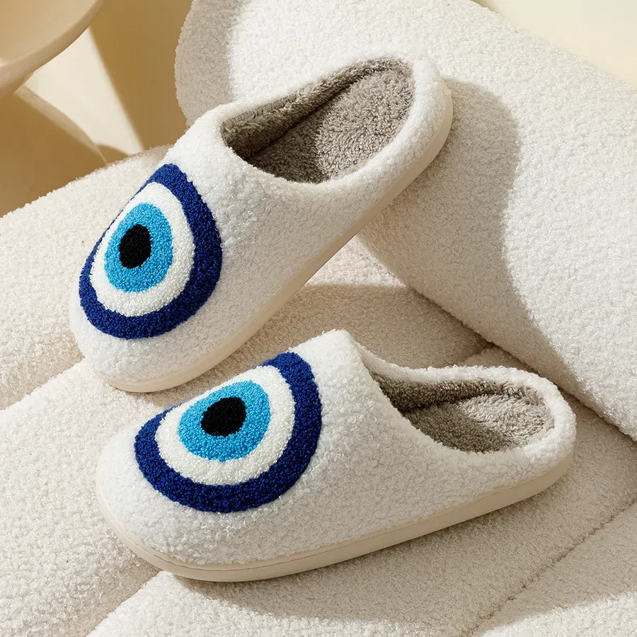 Color: WHITE, Shoe Size: 4.5 - Evil Eyes Blue Embroidery slippers High Quality Women Men Slippers Fashion Pattern Shoes Warm Home Devil's Eyes Houseshoes