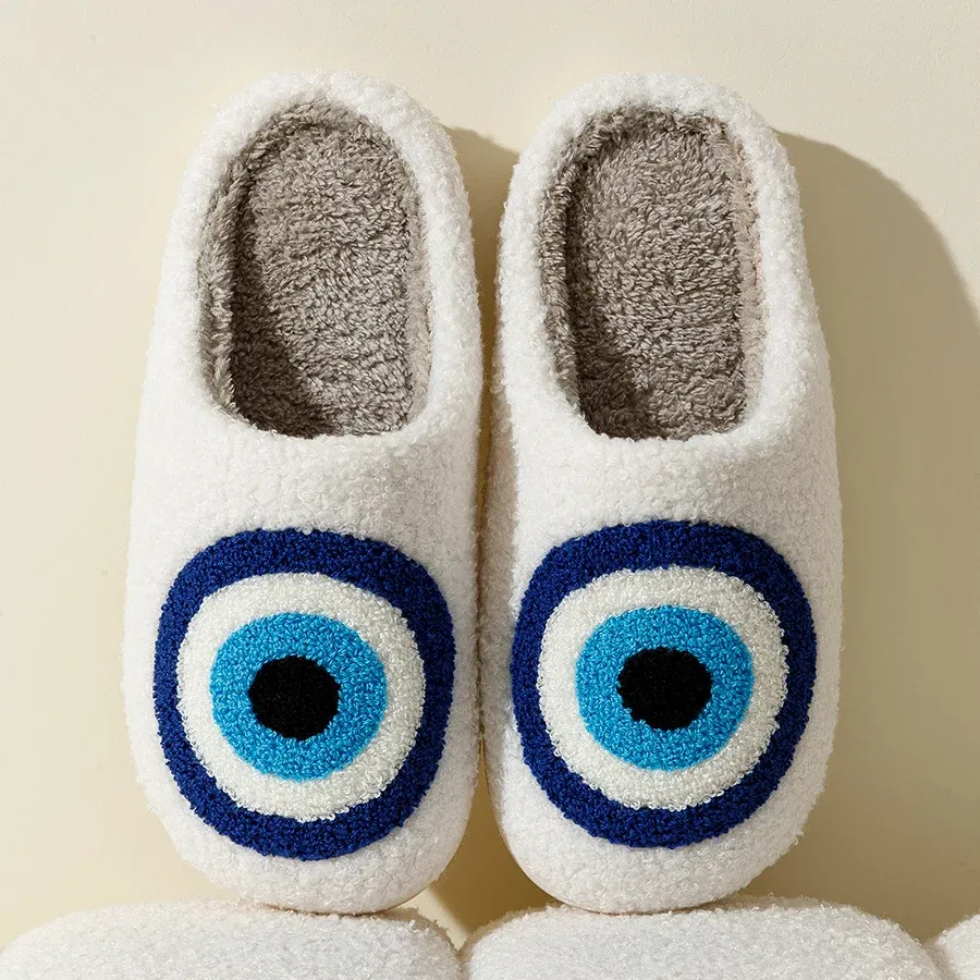 Color: WHITE, Shoe Size: 4.5 - Evil Eyes Blue Embroidery slippers High Quality Women Men Slippers Fashion Pattern Shoes Warm Home Devil's Eyes Houseshoes