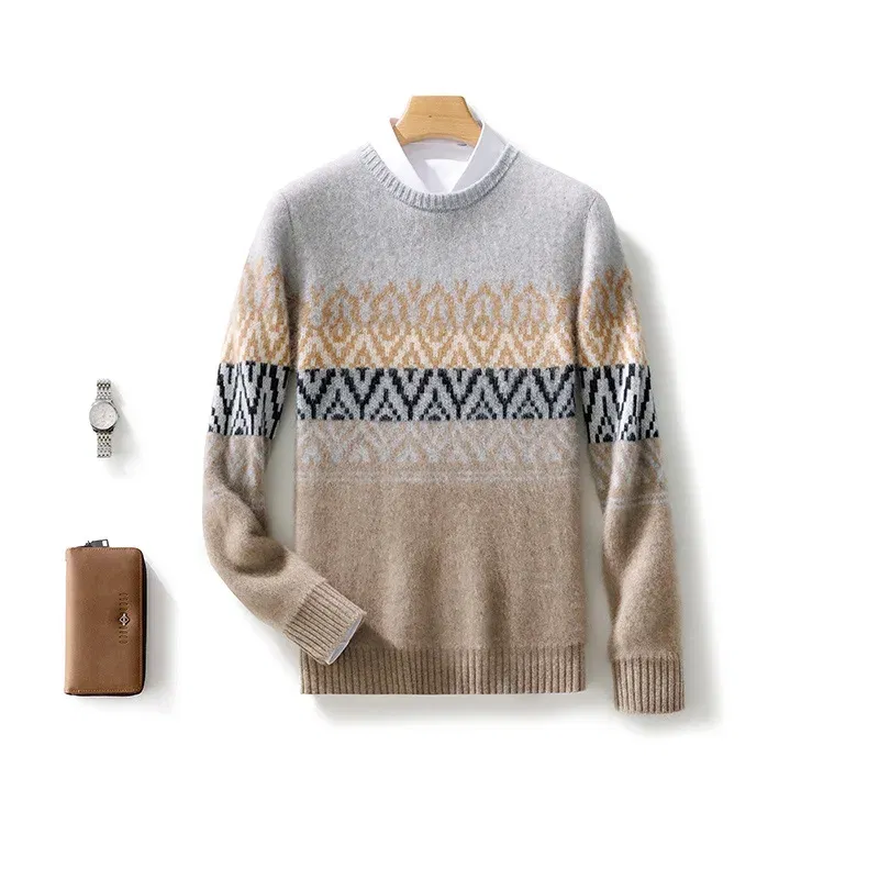 Color: Champagne, Size: XL - 100% Pure Wool Pullover Sweater Men's Round Neck Knitted Sweater Autumn Winter Thick Warm Ethnic Style Men's Clothing