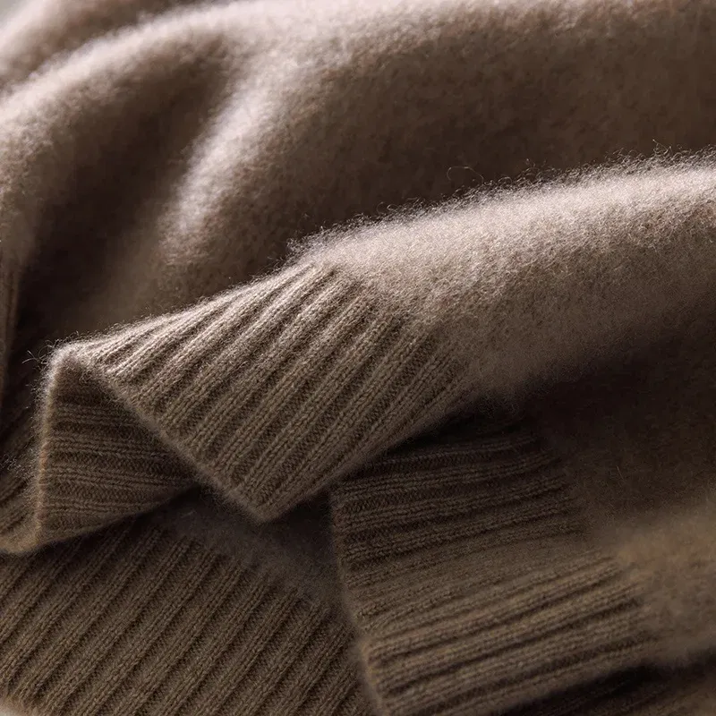 Color: Champagne, Size: XL - 100% Pure Wool Pullover Sweater Men's Round Neck Knitted Sweater Autumn Winter Thick Warm Ethnic Style Men's Clothing