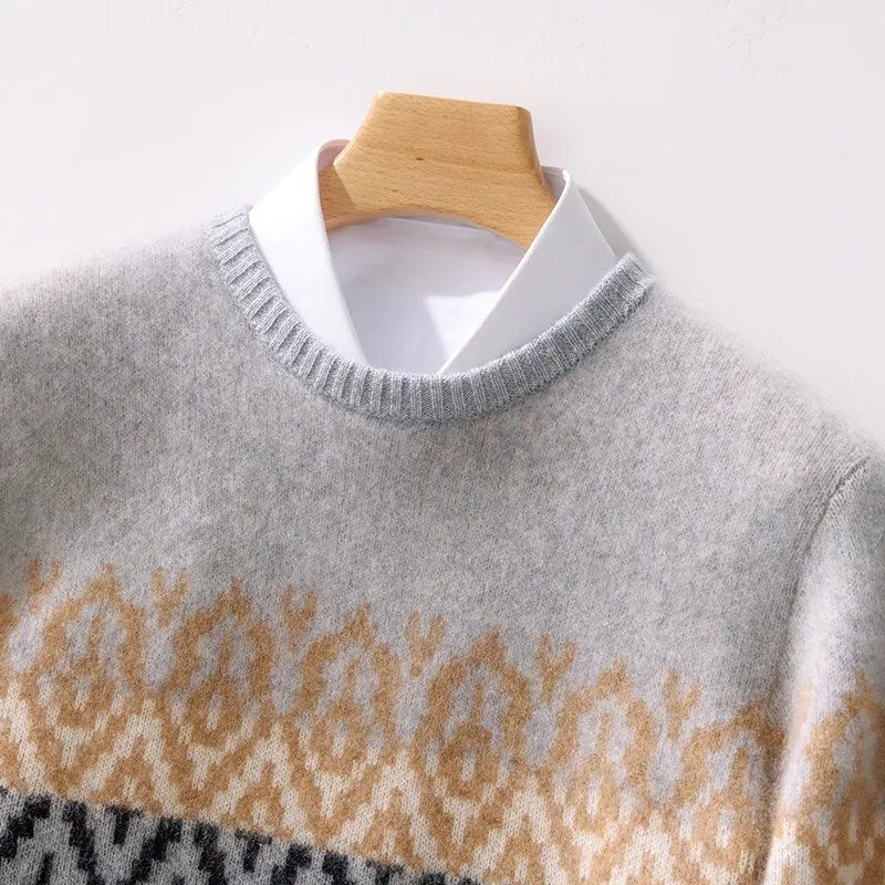Color: Champagne, Size: XL - 100% Pure Wool Pullover Sweater Men's Round Neck Knitted Sweater Autumn Winter Thick Warm Ethnic Style Men's Clothing