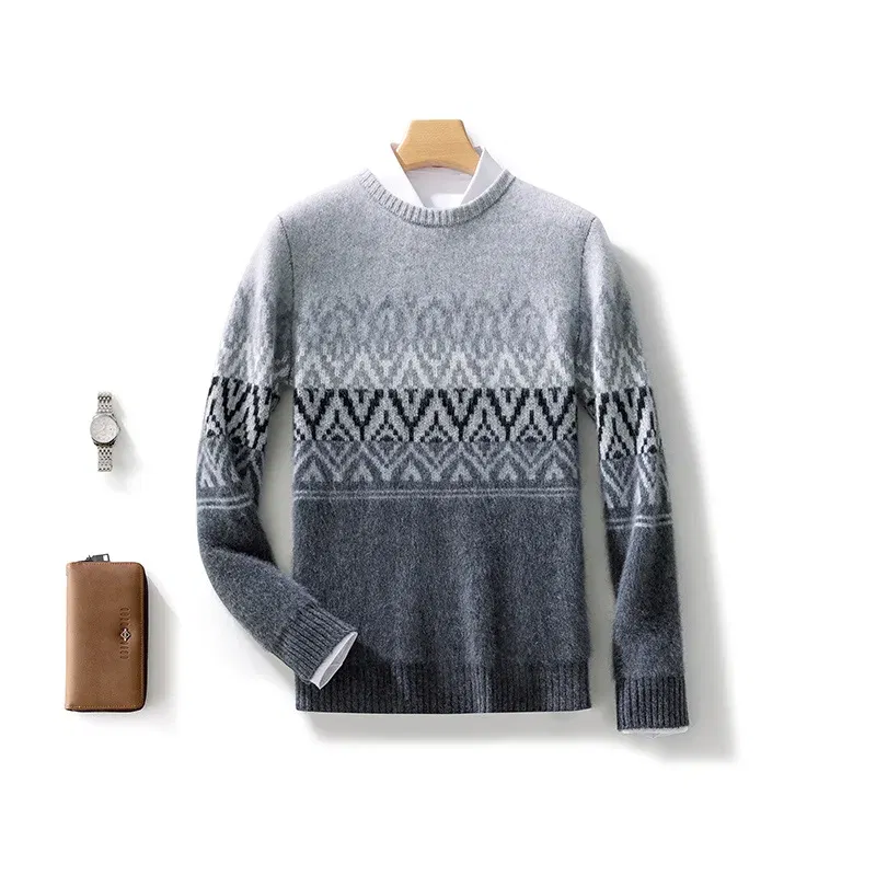 Color: Champagne, Size: XL - 100% Pure Wool Pullover Sweater Men's Round Neck Knitted Sweater Autumn Winter Thick Warm Ethnic Style Men's Clothing