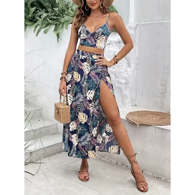 Color: black, Size: XL - Elegant Deep V-neck Dress Women Summer Sleeveless Printed Vest Skirt Set Sexy High Slit Trend Dresses