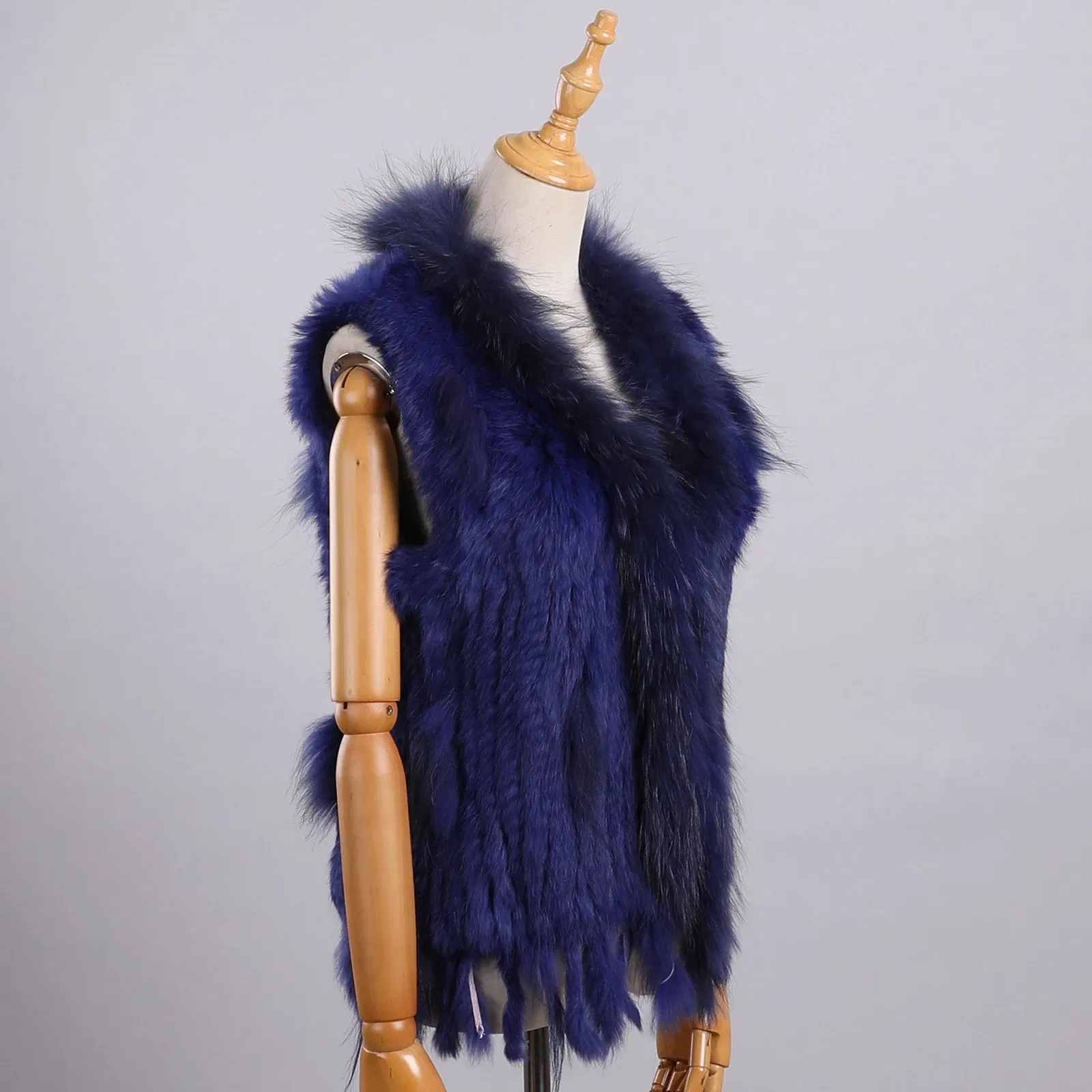 Color: ROYAL BLUE, Size: XL - Luxury Women's Genuine Premium Long Hair Rabbit Fur Knit Vest Raccoon Fur Trim Gilet Lady Sleeveless Waistcoat Real Fur Jacket