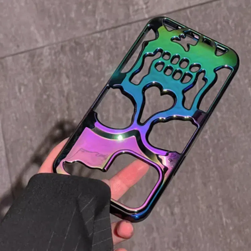 Color: Dark Grey, Material: Cotton Fabric - 3D Skull Ghostface Phone Case for iPhone 14 15 ProMax 11 12 13 Pro Max Plus Fashion Hollow Heat Dissipation Plating Slim Cover
