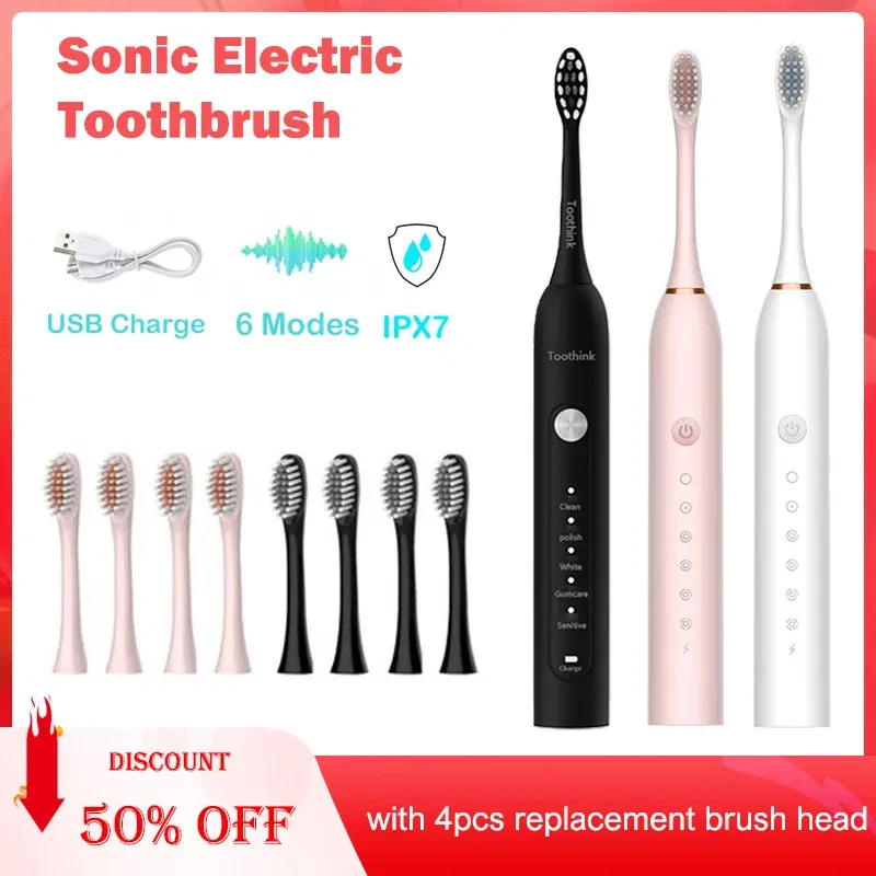 Color: Orange - Toothink Electric Toothbrush Smart Timing Tooth Brush Rechargeable Teeth Clean Whitening Sonic Toothbrush With Replacement Head