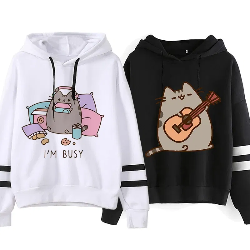 Color: DEEP BLUE, Size: L - Women Ullzang Cute Cat Funny Cartoon Sweatshirt Pusheen Cat Kawaii Harajuku Korean Style Hoodies Graphic Fashion Hoody Female