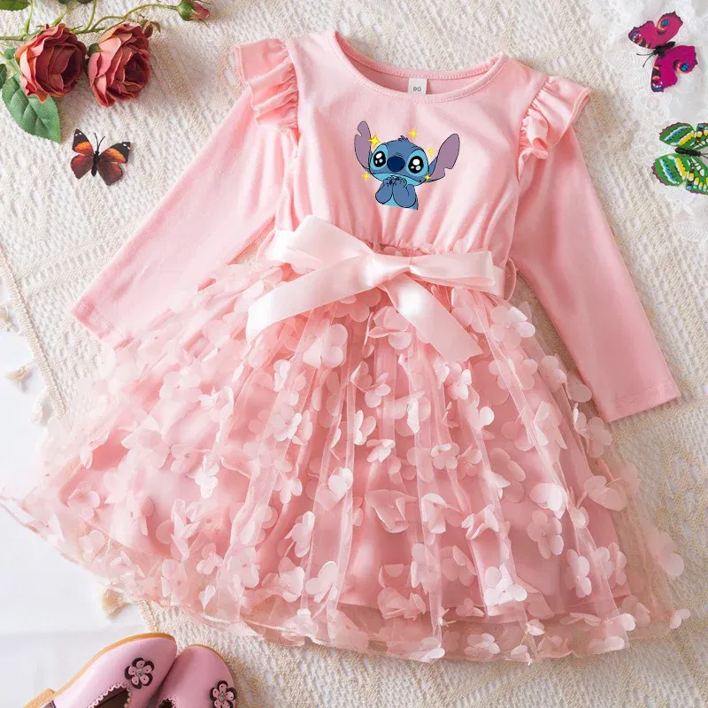 Color: Khaki, Size: One Size, Height: 176 - Lilo Stitch Girl Baby Dresses Spring Autumn Child Long Sleeve Sweet Princess Dress Mesh Newborn Casual Dress Birthday Party 2-6Y