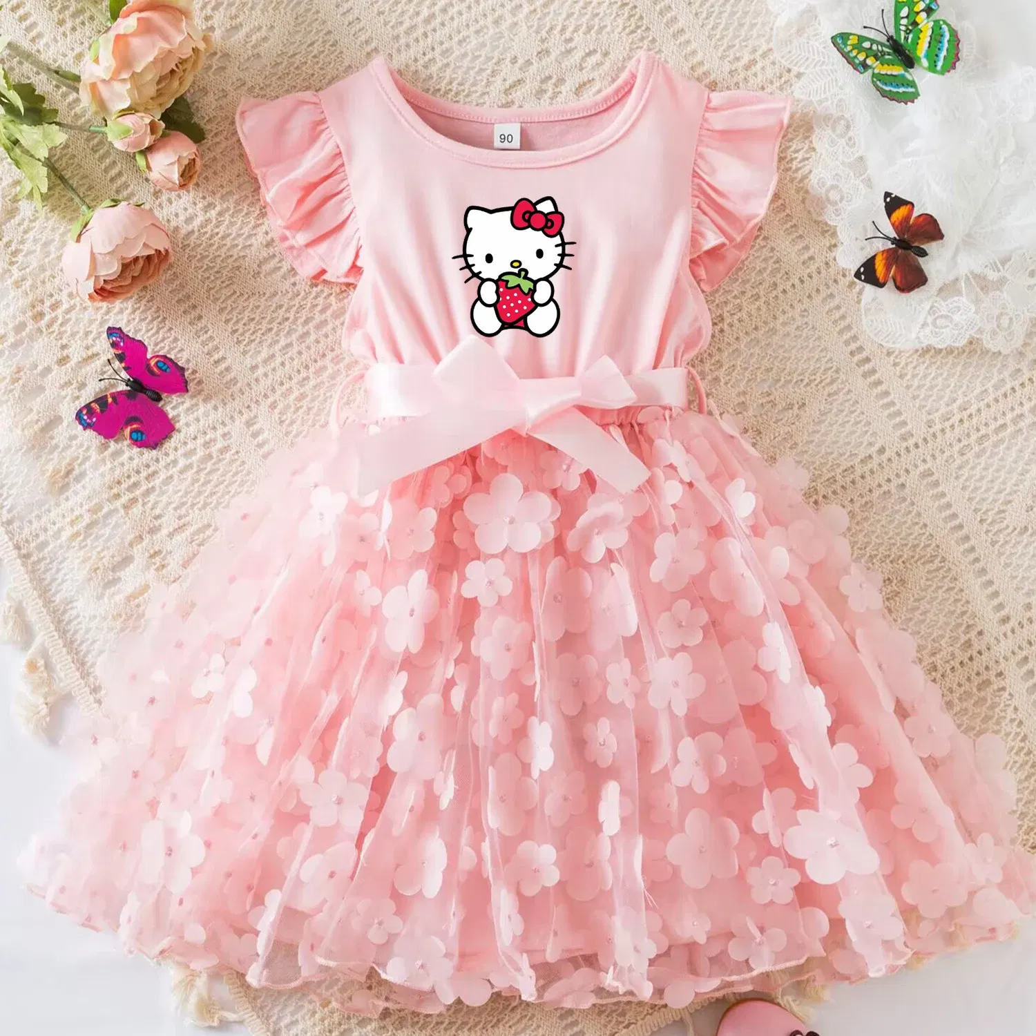 Color: Gold, Size: S - Hello Kitty Summer Dress for Kid's Casual Clothes 3D Butterfly Cute Baby Girls Princess Dress Party Dresses 2-6 Yrs