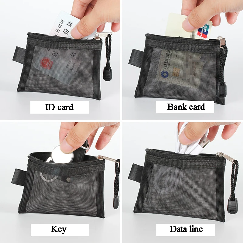 Color: green - Mini Transparent Nylon Mesh Coin Bags Credit ID Card Organizer Portable Coin Purse Lipstick Earphone Data Line Key Storage Bag