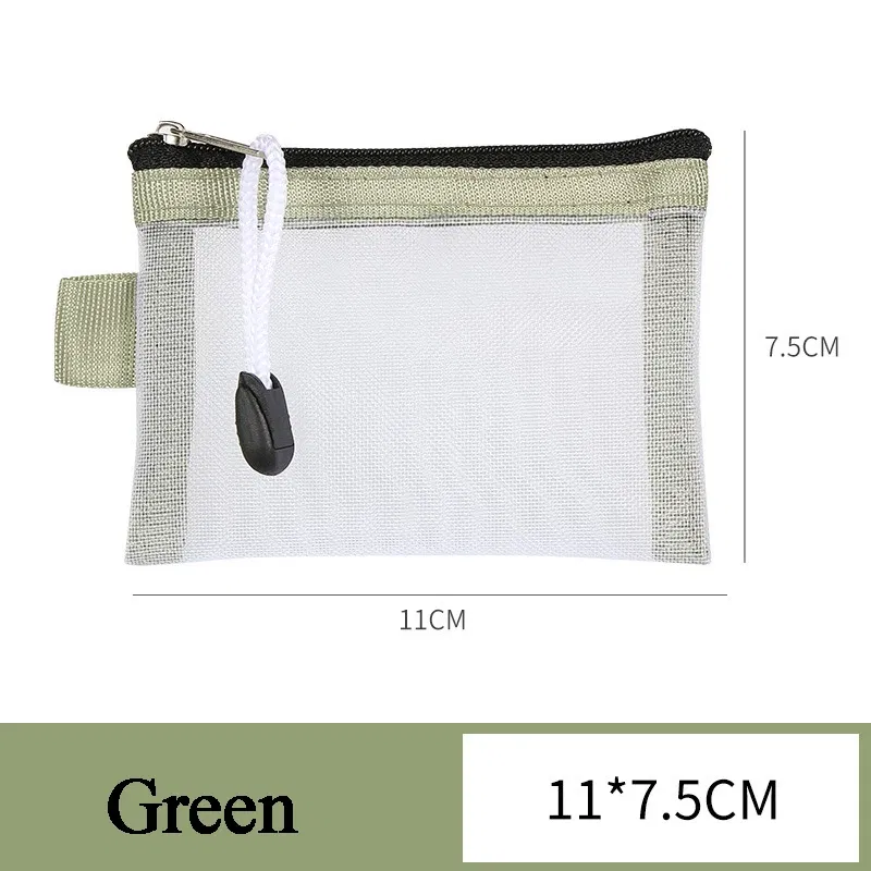 Color: green - Mini Transparent Nylon Mesh Coin Bags Credit ID Card Organizer Portable Coin Purse Lipstick Earphone Data Line Key Storage Bag