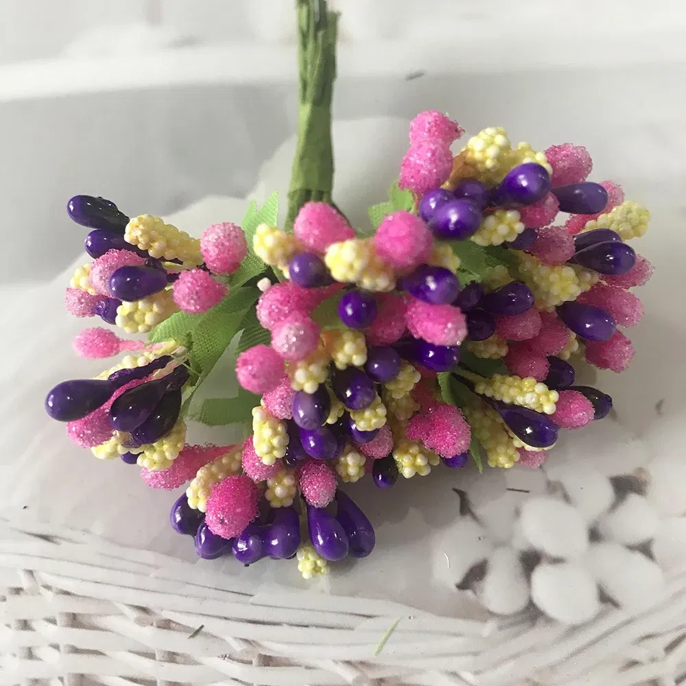 Color: Pink - 12PCS/lot Artificial Flower Small Berries Stamen Wire Stem/marriage Leaves DIY Wreath Wedding Scrapbooking Box Decoration Craft