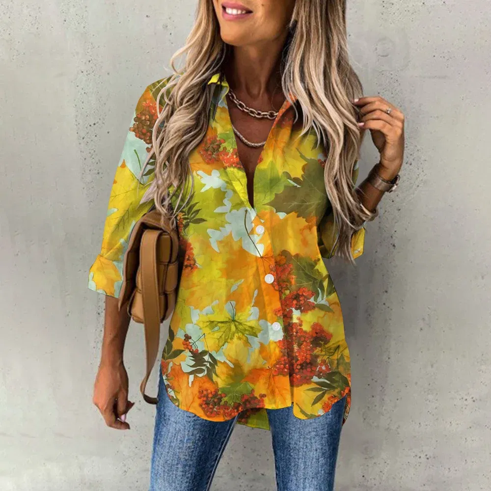 Color: Orange, Size: S - Ladies Long Sleeved Shirt Vacation Style Coconut Tree 3D Digital Printed Button Up Collar Loose Casual Ladies Blouse 2024 Autumn