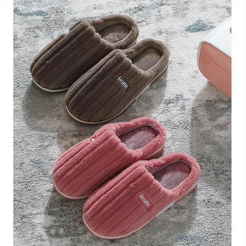 Color: PURPLE, Shoe Size: 48-49 - New Men Big Size 48 49 Winter Warm Slippers Women Soft Plush Furry Shoes Casual Flats Home Couples Bedroom Anti-Slip Slides