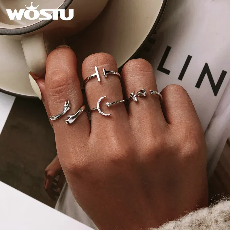 Gem Color: Watermelon red, Ships From: CHINA - WOSTU Real 925 Sterling Silver Open Ring Finger Adjustable Size Wedding Rings For Women Engagement Fashion Silver Jewelry Gift