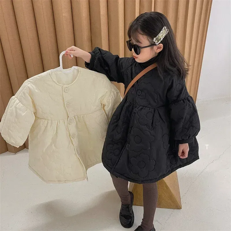 Color: black, Kid Size: 5T - Children's Coats Autumn and Winter Coat with Floral Embroidery Puffed Sleeves Girls Coat Baby Girl Winter Clothes