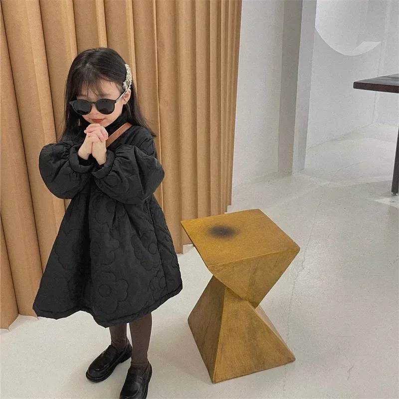 Color: black, Kid Size: 5T - Children's Coats Autumn and Winter Coat with Floral Embroidery Puffed Sleeves Girls Coat Baby Girl Winter Clothes