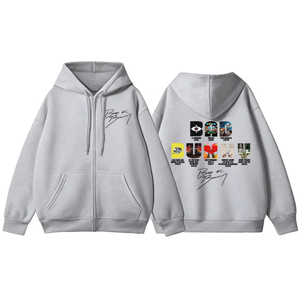 Color: Gold, Size: XXXL - Rapper Bad Bunny Music Album Cover Print Zipper Hoodies Men Women Clothing Hip Hop Zip Up Sweatshirts Long Sleeve Hoodie Jackets