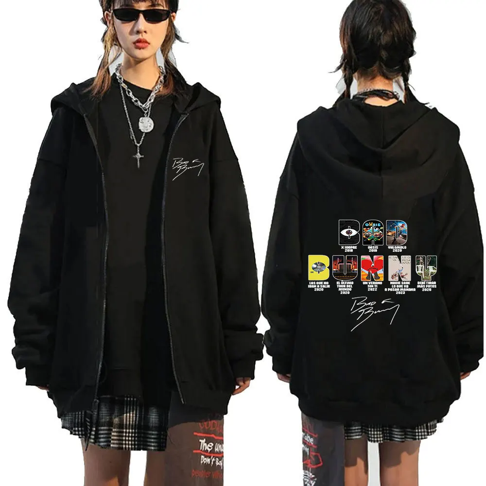 Color: Gold, Size: XXXL - Rapper Bad Bunny Music Album Cover Print Zipper Hoodies Men Women Clothing Hip Hop Zip Up Sweatshirts Long Sleeve Hoodie Jackets
