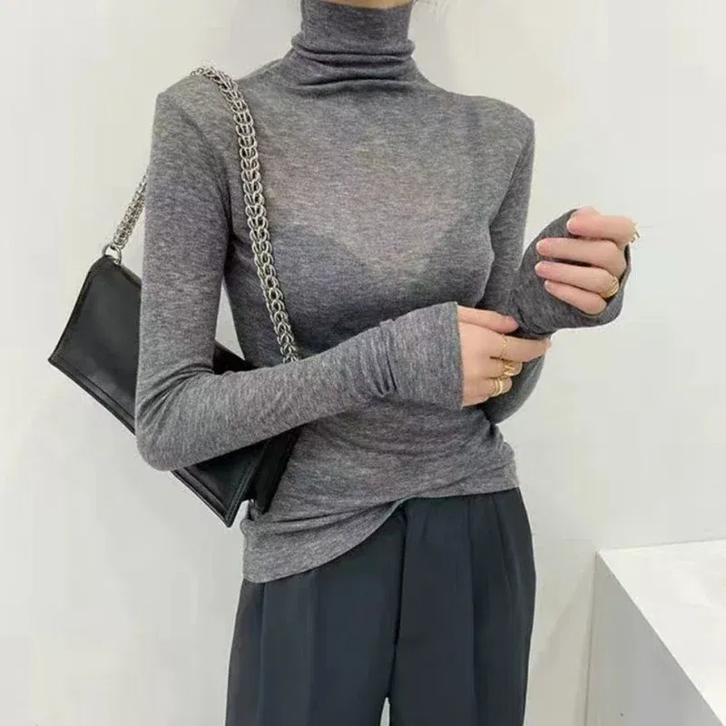 Color: black, Size: L - New Fashion Basic Turtleneck Long Sleeve Women T-shirt Autumn Winter Long Sleeve Slim Stretch Tops Ladies Sexy Tees Plus Size