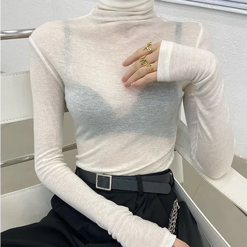 Color: black, Size: L - New Fashion Basic Turtleneck Long Sleeve Women T-shirt Autumn Winter Long Sleeve Slim Stretch Tops Ladies Sexy Tees Plus Size