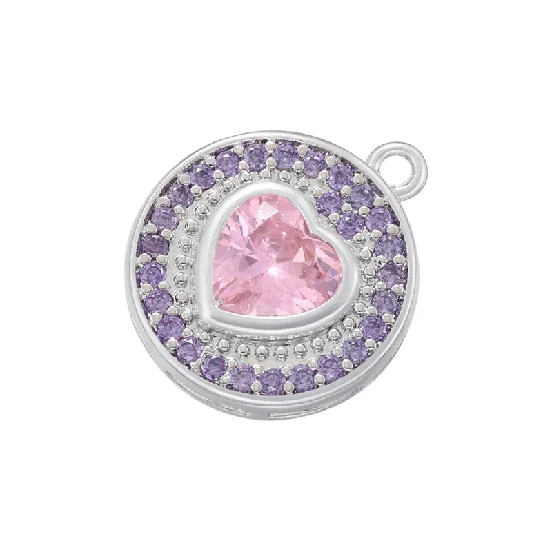 Metal color: Rhodium Plated - ZHUKOU Round jewelry pendants Pink Heart Cubic Zirconia charms for jewelry making Brass accessories Supplies for jewelry VD1357