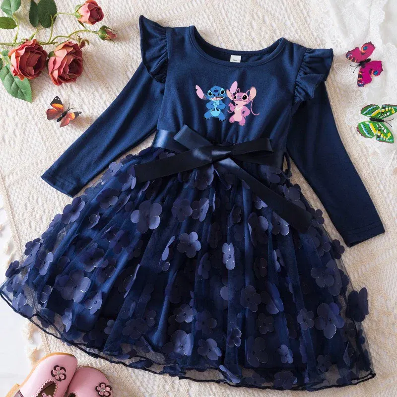 Color: Light Purple, Size: One Size, Height: 170 - Lilo Stitch Girl Baby Dresses Spring Autumn Child Long Sleeve Sweet Princess Dress Mesh Newborn Casual Dress Birthday Party 2-6Y