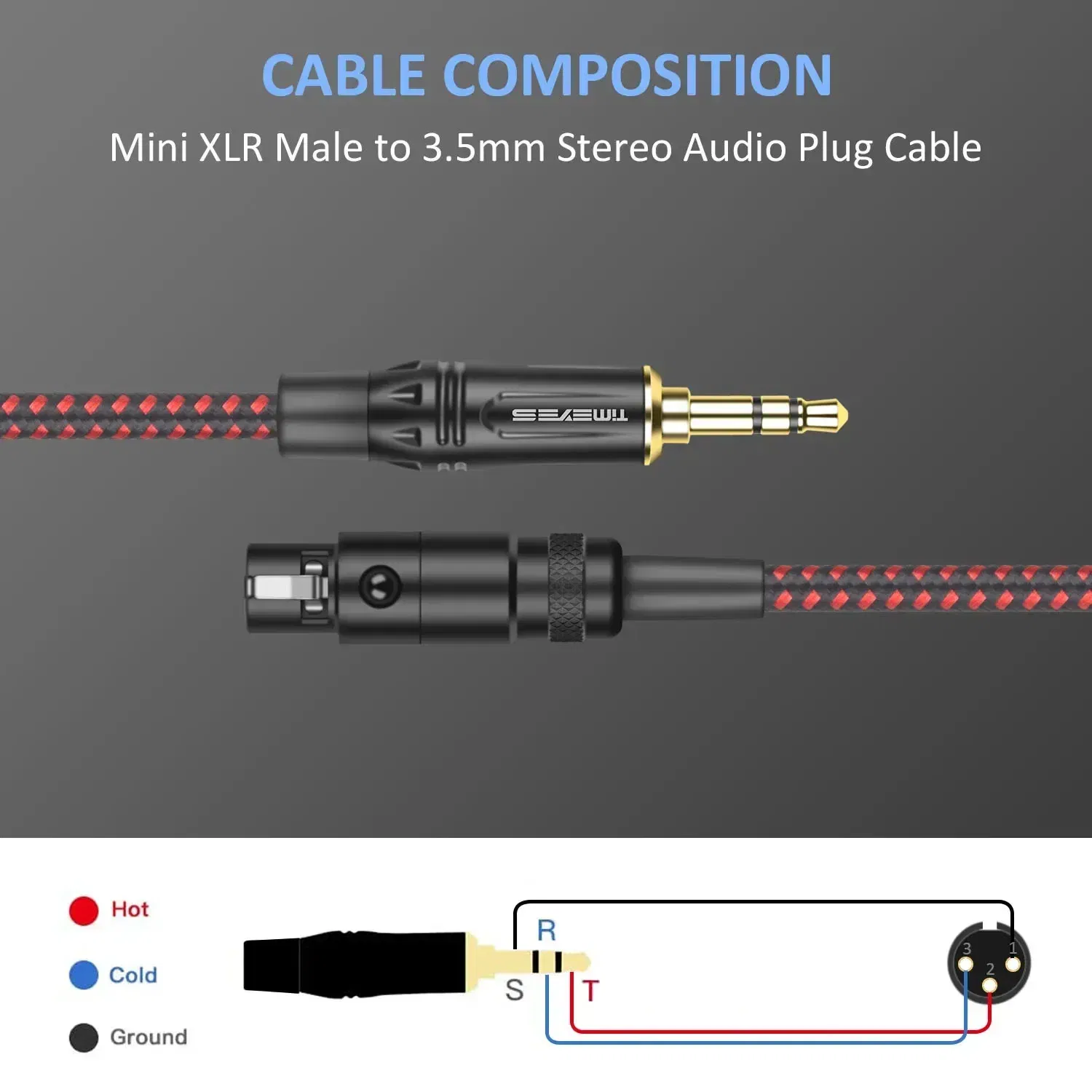 Color: Black, Length: 100m - TIMEYES 3.5mm To Mini XLR Female Stereo Audio Cable 1/8 Inch TRS To 3-pin Mini XLR Female Headphones Audio Cable
